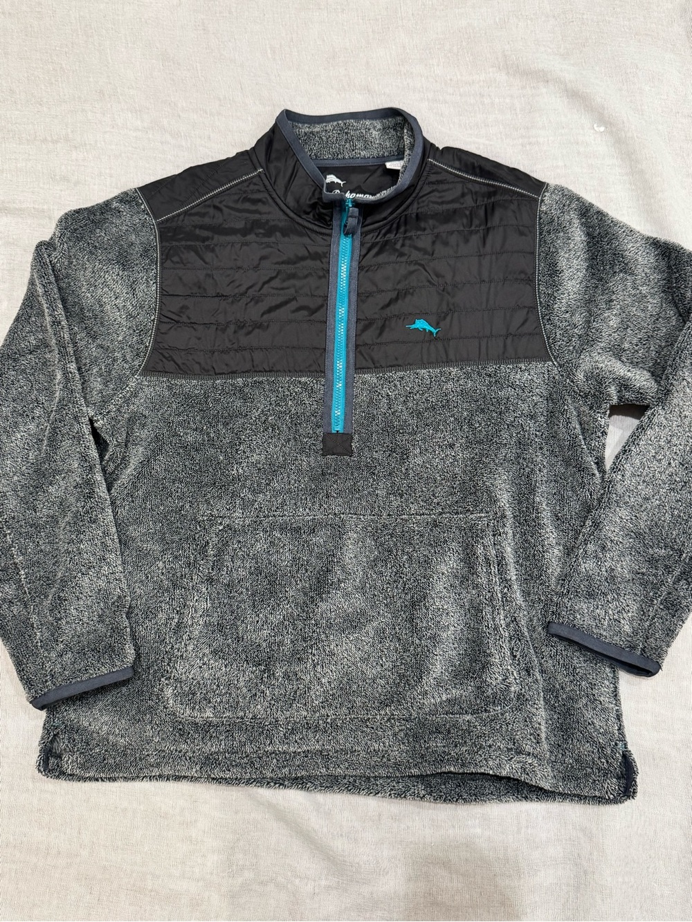 Men’s Tommy Bahama Heather Gray Pullover with Teal Zip and Logo Sz. L Preppy